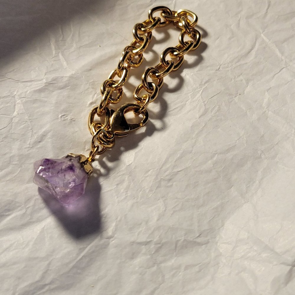 New Gold metal Link Chain bracelet with real  chunky ameythyst stone charm